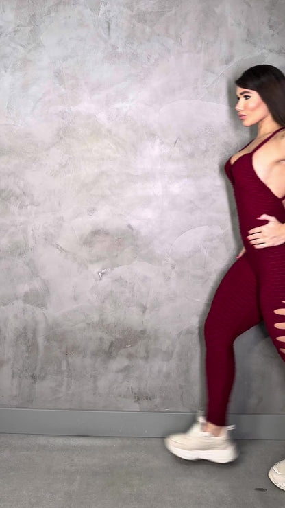 SCRUNCH BOOTY BURGUNDY WAVE RIPPED JUMPSUIT