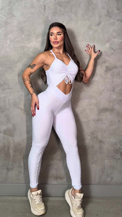 SCRUNCH BOOTY WHITE WAVE FRONT DETAIL LONG JUMPSUIT