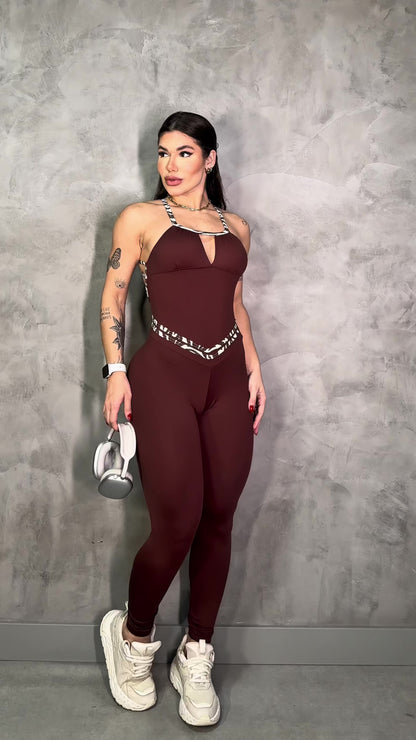 SCRUNCH BOOTY BURGUNDY AND LEOPARD DETAIL JUMPSUIT