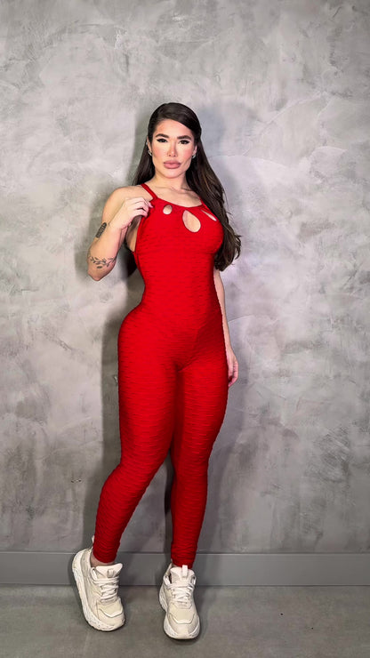 SCRUNCH BOOTY RED WAVE FRONT DETAIL JUMPSUIT
