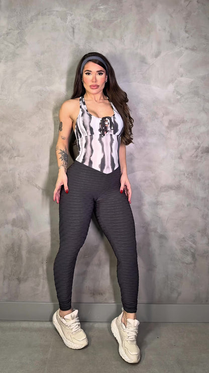 SCRUNCH BOOTY GRAY AND PRINT LACE DETAIL JUMPSUIT