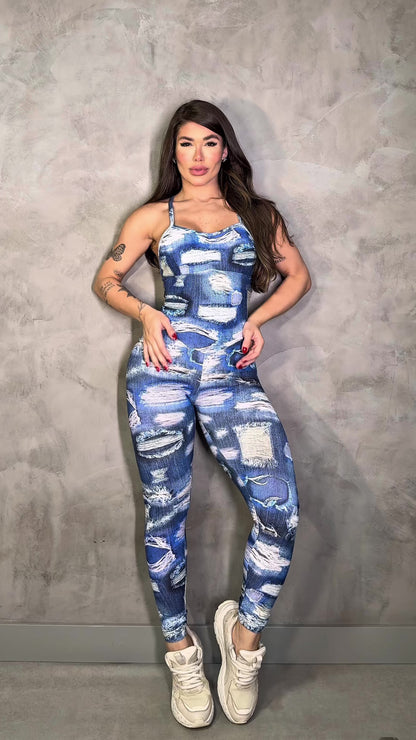 SCRUNCH BOOTY BLUE FAKE JEANS JUMPSUIT