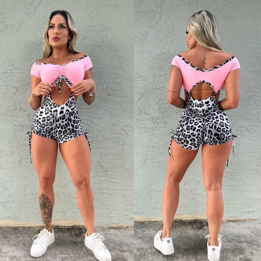 SCRUNCH BOOTY BLACK AND WHITE AND PINK DETAIL LEOPARD SHORTS JUMPSUIT