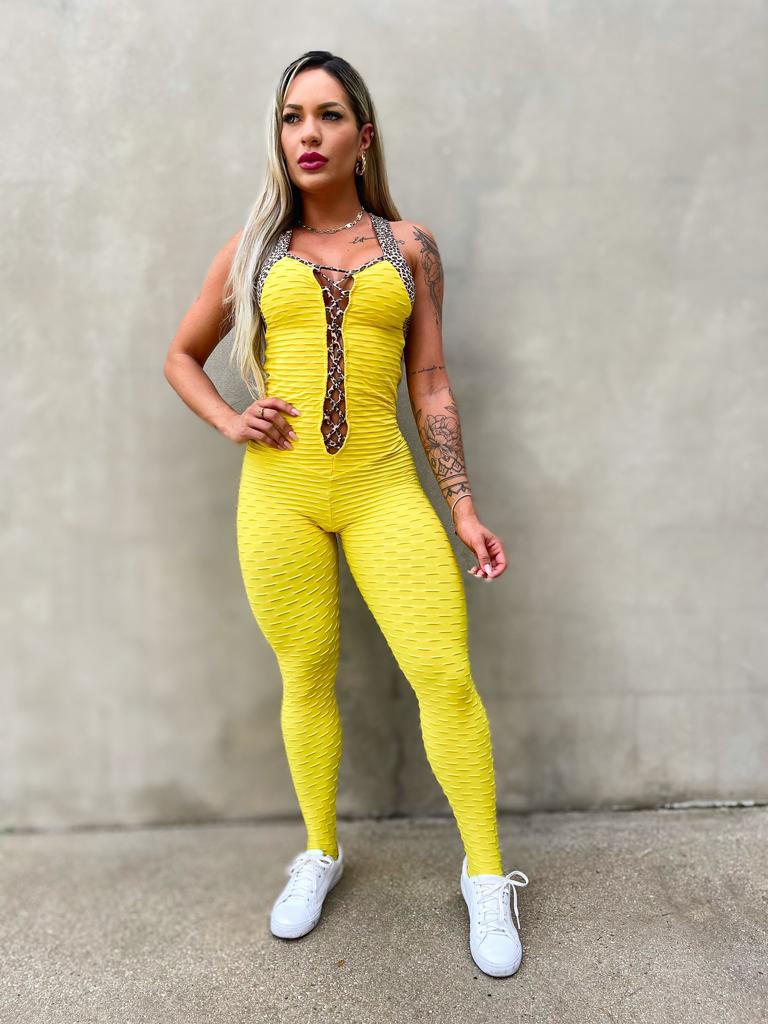 SCRUNCH BOOTY YELLOW AND BROWN TEETH JUMPSUIT