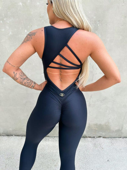 SCRUNCH BOOTY SEXY BACK BLACK RINGS JUMPSUIT