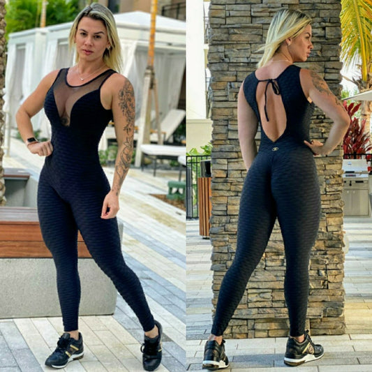 BUTT SCRUNCH CLEAVAGE BLACK TEXTURE WAVE JUMPSUIT - Iris Fitness home of good quality leggings with really good prices