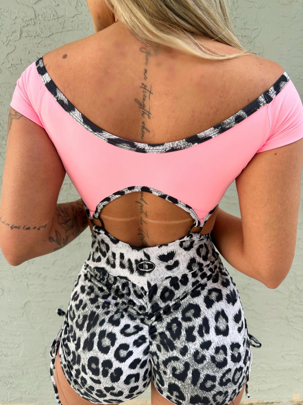 SCRUNCH BOOTY BLACK AND WHITE AND PINK DETAIL LEOPARD SHORTS JUMPSUIT
